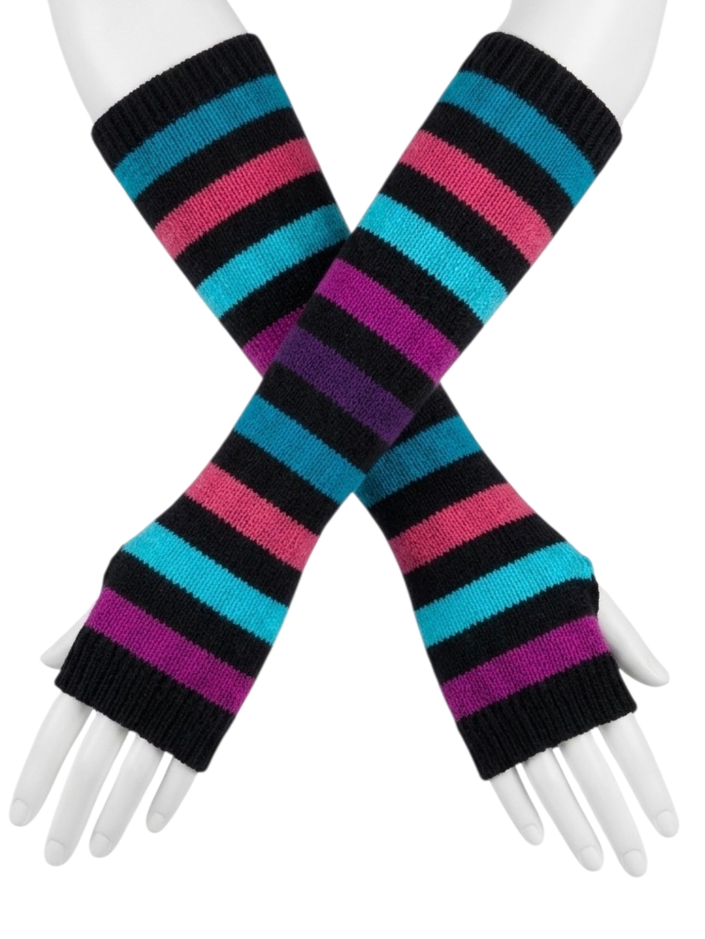 Vintage Y2K Emo Striped Arm Warmers in Black, Teal, Pink & Purple